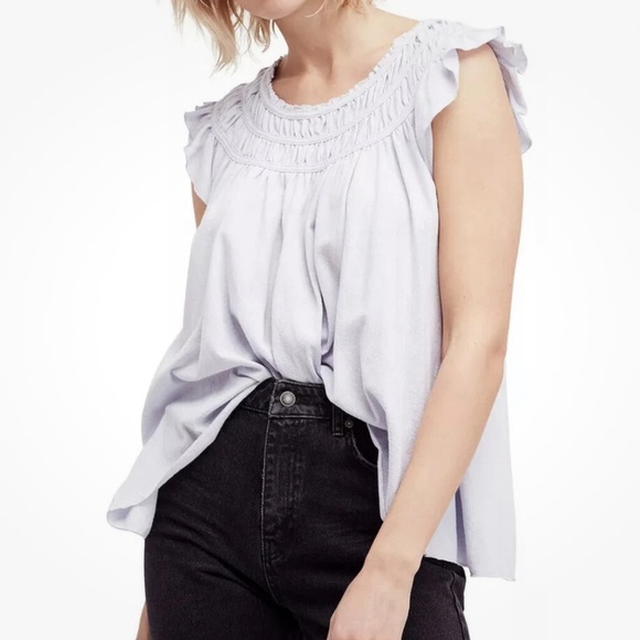 Free People Tops - NWT Free People Coconut Top Smocked Ruffle Tee Blue Women's Medium